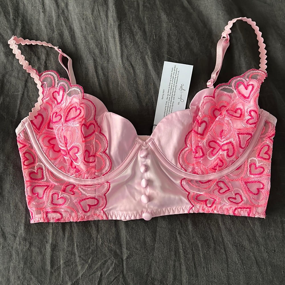 For love and lemons pink heart lace floral bustier satin size M
